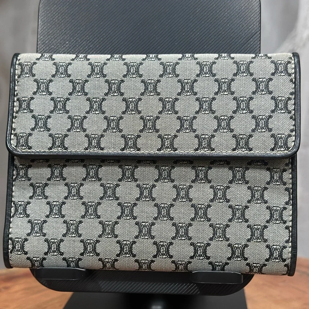 Vintage Celine Triomphe Monogram Wallet Black Grey Canvas Compact Clutch - Picture 1 of 12
